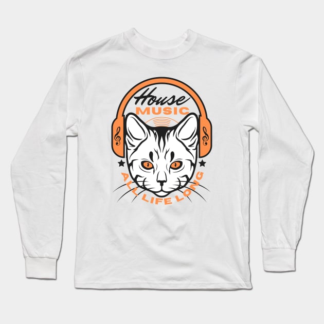 HOUSE MUSIC - Headphone Cat (Orange/Black) Long Sleeve T-Shirt by DISCOTHREADZ 